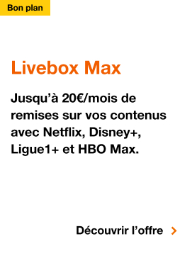 Bon plan Livebox Max, Jusqu'à 20€ par mois de remises sur vos contenus avec Netflix, Disney+, Ligue1+ et Apple TV